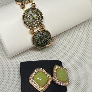 Gold-Tone Green Crystal Stud Earrings and bracelet Fashion Jewelry